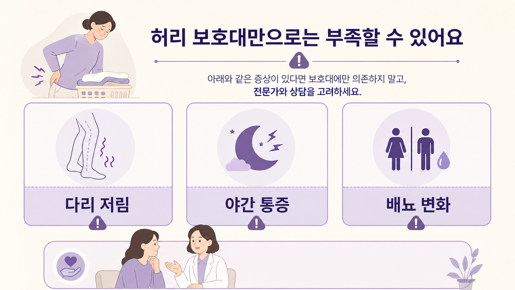 허리 통증 상담 기준으로 다리 저림, 야간 통증, 배뇨 변화를 보여주는 보라색 경계선 카드