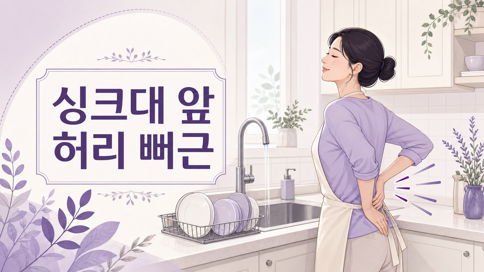 싱크대 앞에서 설거지 후 허리 뻐근함을 느끼는 여성이 자세와 시간을 확인하는 보라색 editorial 이미지