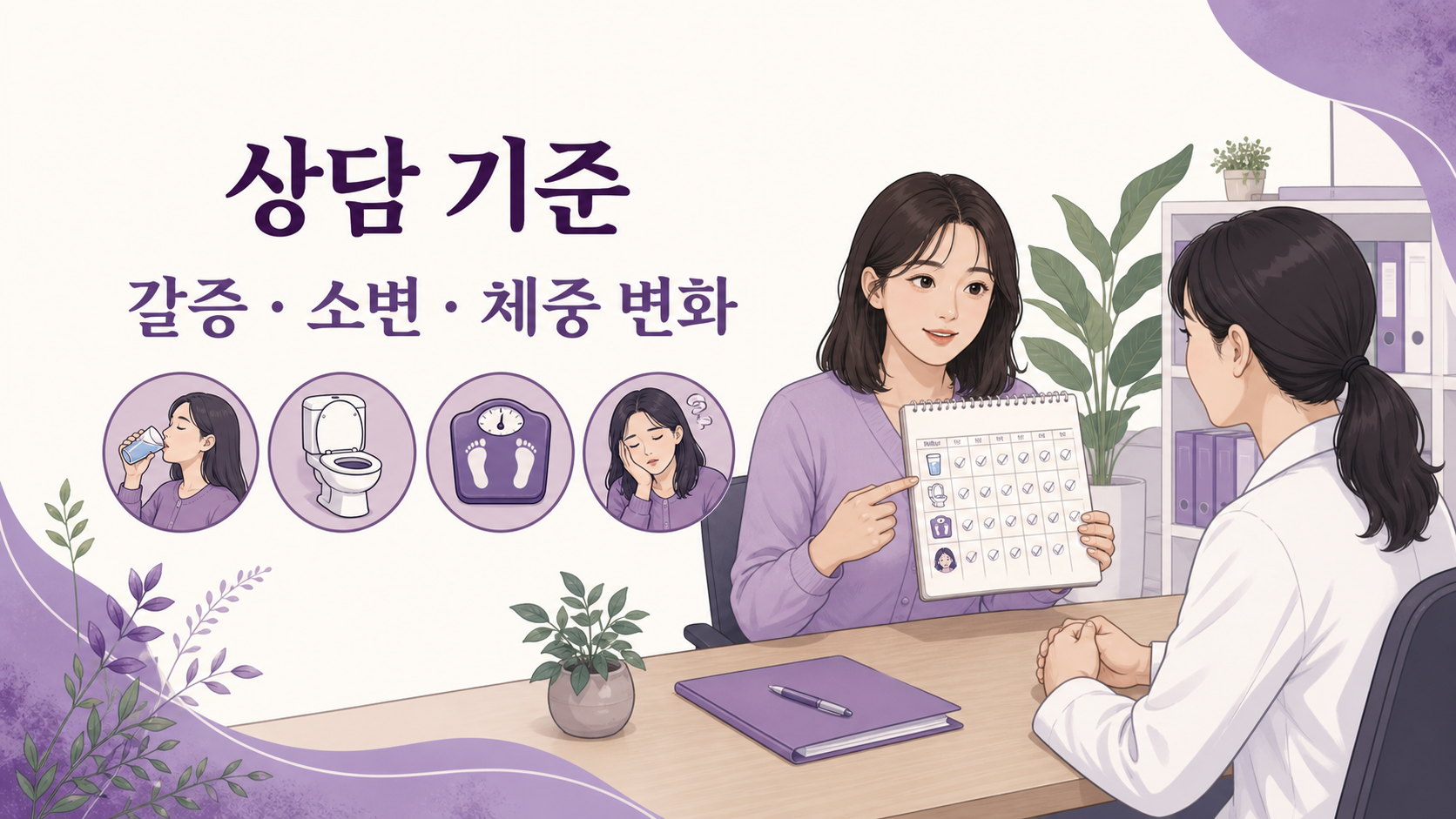 식후 졸림과 함께 갈증, 소변, 체중 변화를 상담 기준으로 보는 이미지