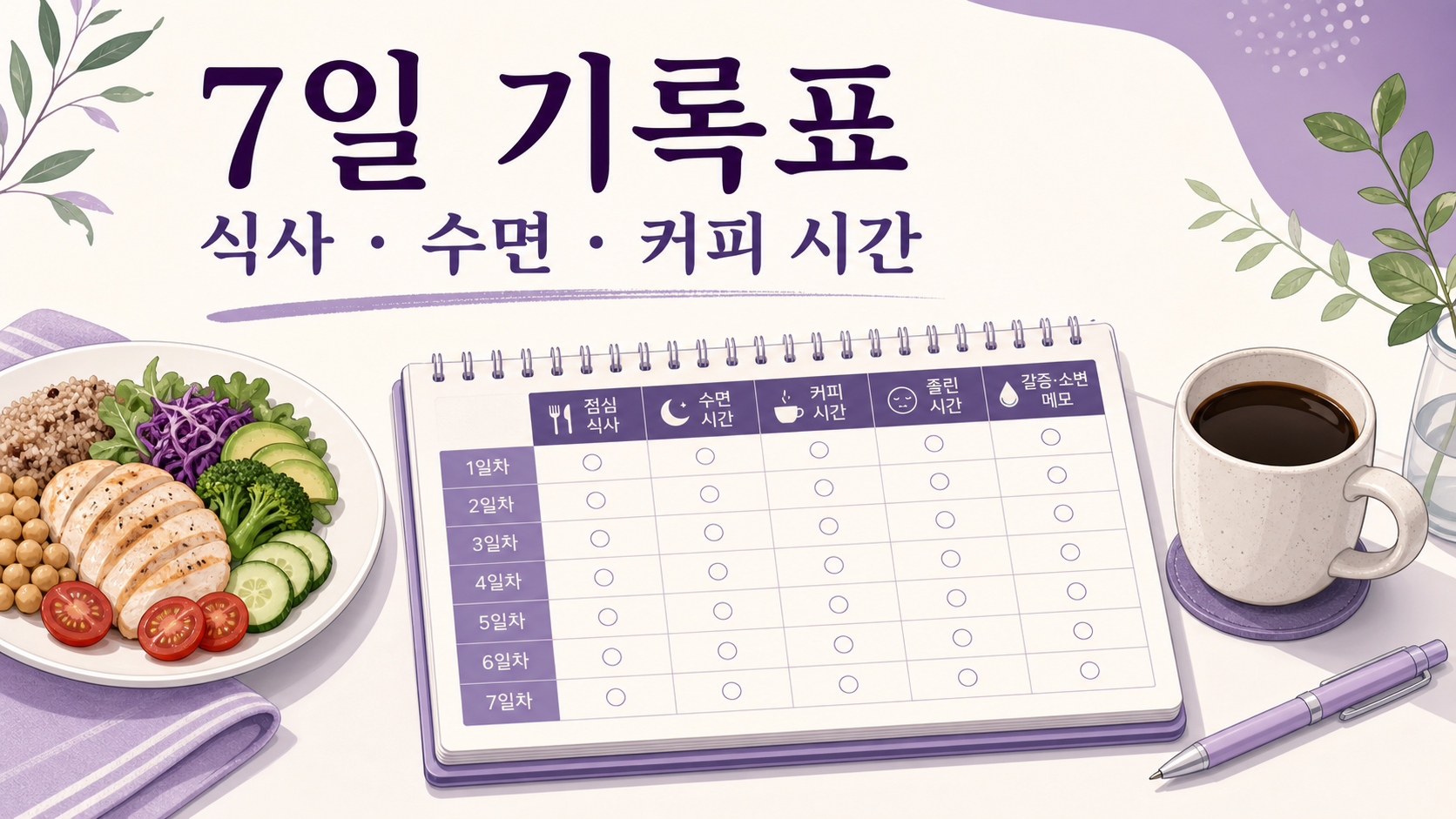 식사, 수면, 커피 시간, 졸린 시간, 갈증과 소변 메모를 적는 7일 기록표 이미지
