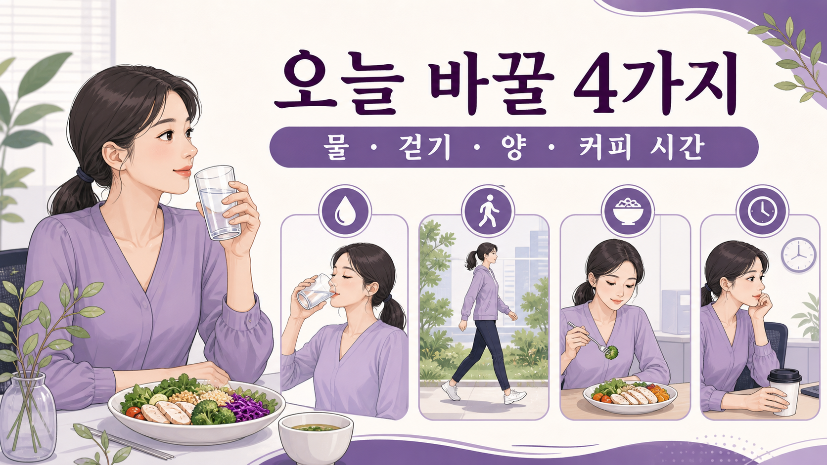 식후 졸림을 줄이기 위해 물, 걷기, 식사량, 커피 시간을 조절하는 루틴 이미지