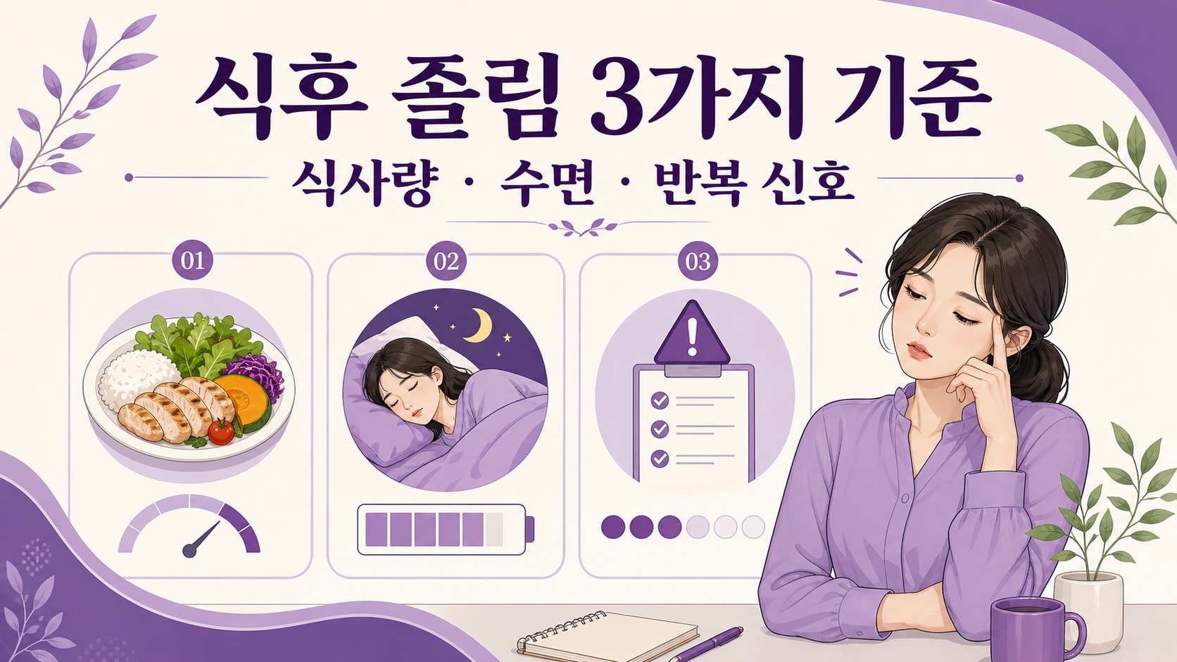 식후 졸림을 식사량, 수면, 반복 신호로 나누는 3가지 기준 이미지