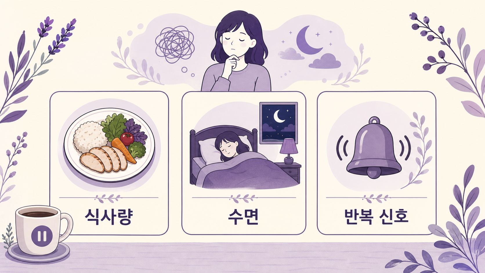 식사 후 졸음이 왔을 때 식사량, 수면, 반복 신호를 나누어 보는 보라색 건강 매거진 일러스트