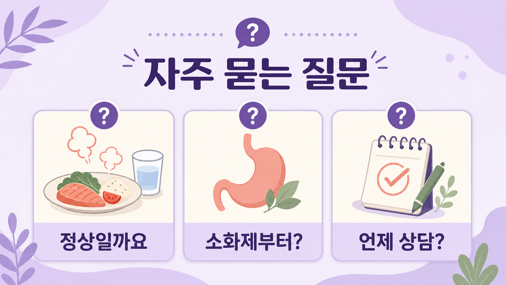 식후 트림 반복에 대해 정상인지, 소화제부터 먹어야 하는지, 언제 상담해야 하는지 묻는 FAQ 이미지