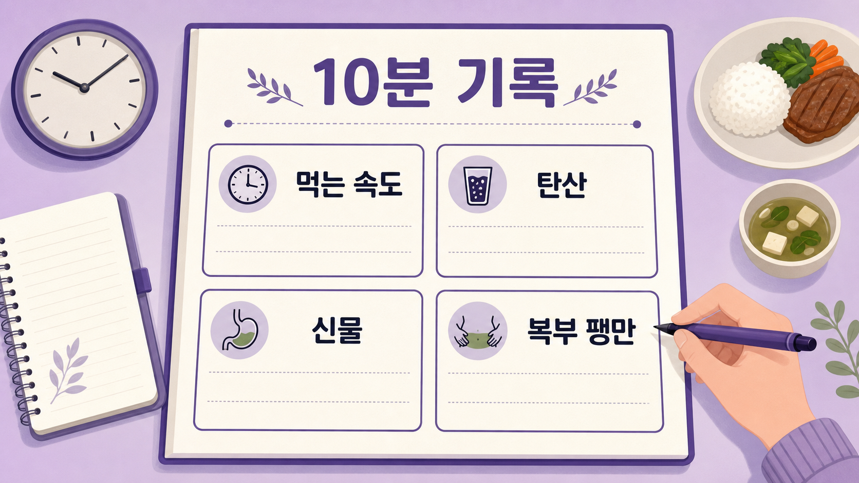 식후 트림을 먹는 속도, 탄산, 신물, 복부 팽만으로 10분 기록하는 워크시트 이미지