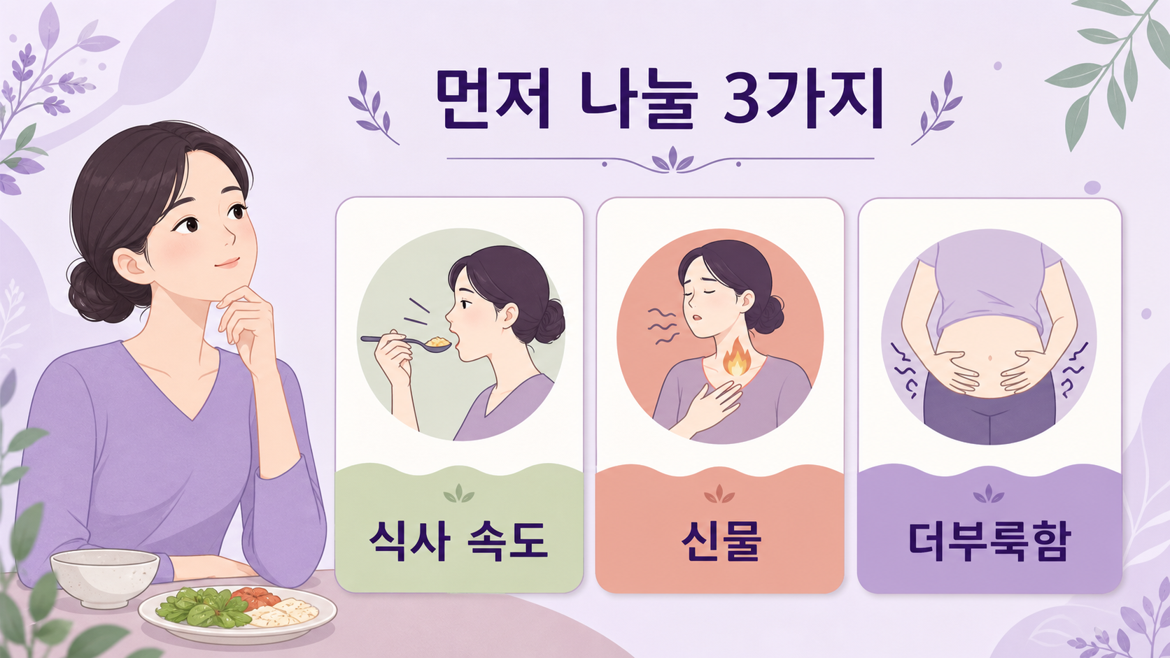 식후 트림을 식사 속도, 신물, 더부룩함으로 나누는 보라색 건강 매거진 이미지