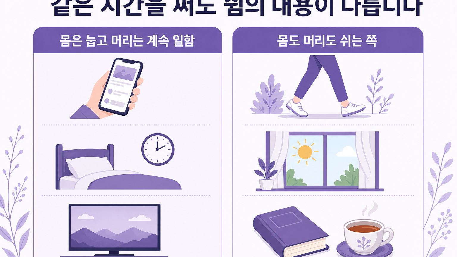 같은 시간을 써도 쉼의 내용이 다르다는 것을 보여주는 대조 이미지