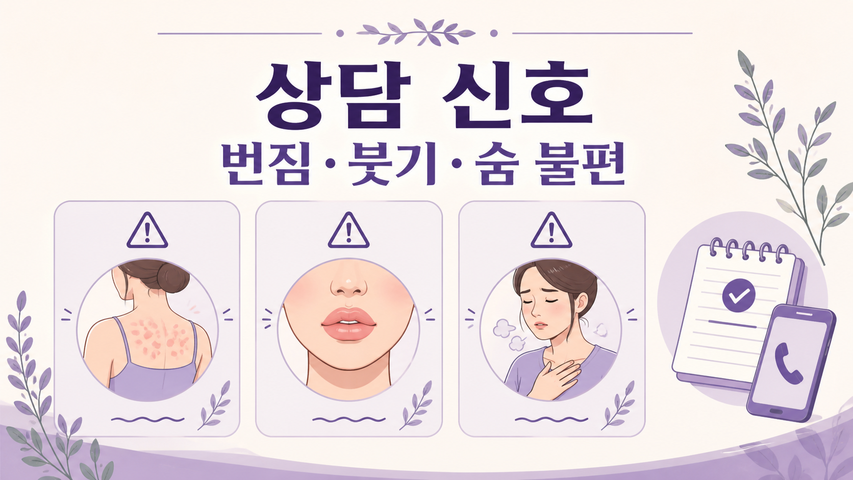 번짐, 붓기, 숨 불편을 상담 신호로 정리한 보라색 건강 매거진 이미지