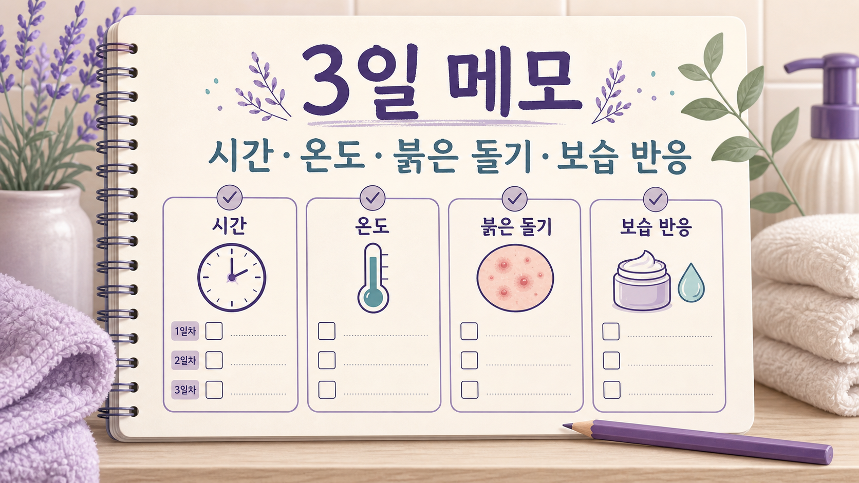 샤워 뒤 가려움의 시간, 온도, 붉은 돌기, 보습 반응을 3일 동안 적는 메모 카드