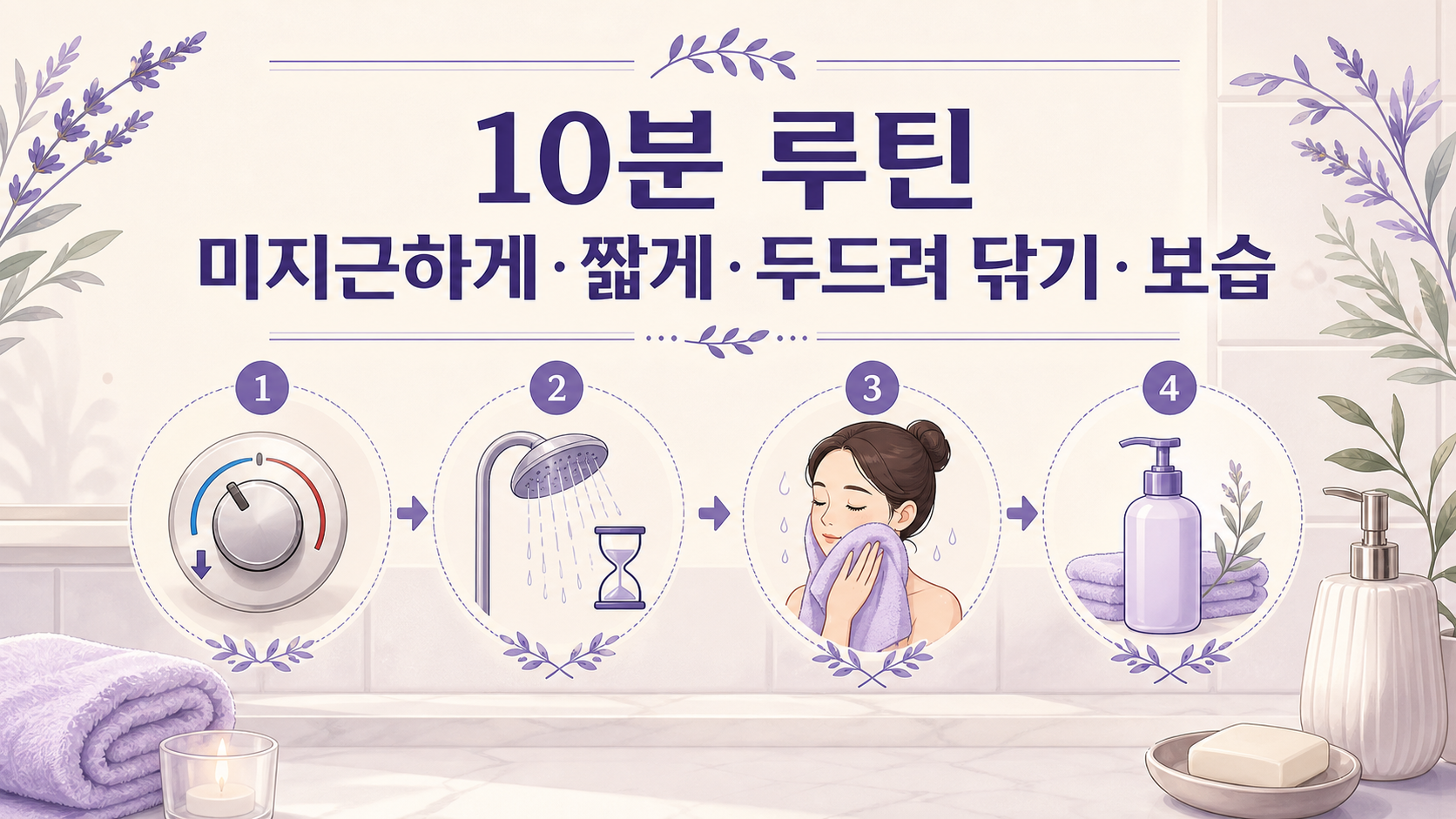 미지근하게, 짧게, 두드려 닦기, 보습으로 이어지는 샤워 뒤 10분 루틴 이미지