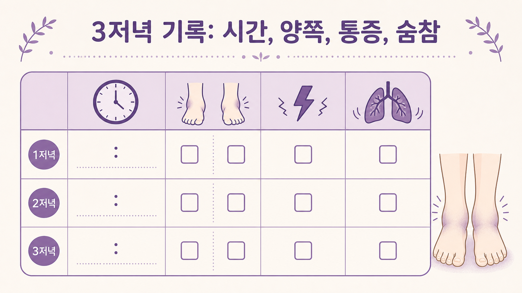 발을 10분 올린 전후를 비교하고 양말 자국, 발등 팽팽함, 좌우 차이를 적는 보라색 체크 이미지