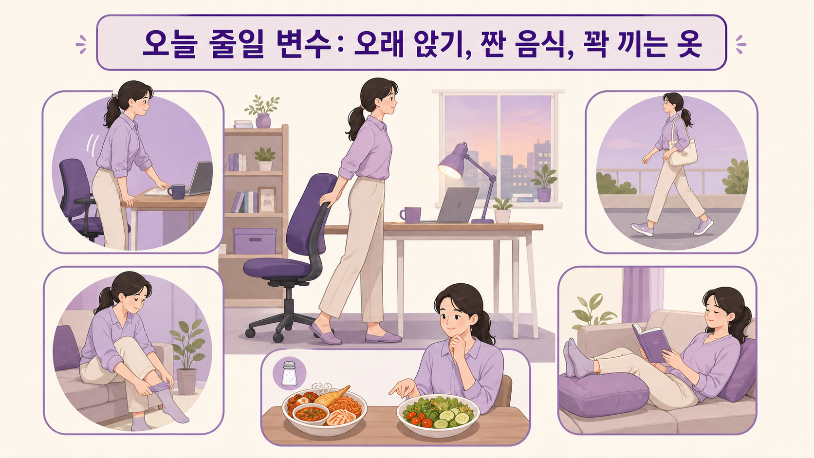 퇴근 후 발목 붓기를 줄이기 위해 걷기, 다리 올리기, 꽉 끼는 옷 줄이기, 짠 음식 기록을 보여주는 보라색 루틴 이미지
