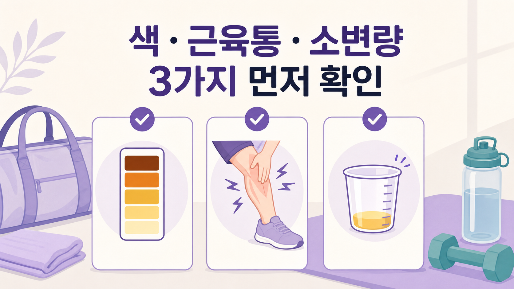운동 후 진한 소변에서 색, 근육통, 소변량 3가지를 먼저 확인하는 체크 이미지