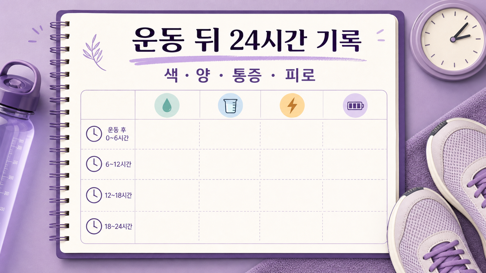운동 뒤 24시간 동안 소변 색, 양, 통증, 피로를 기록하는 체크시트 이미지