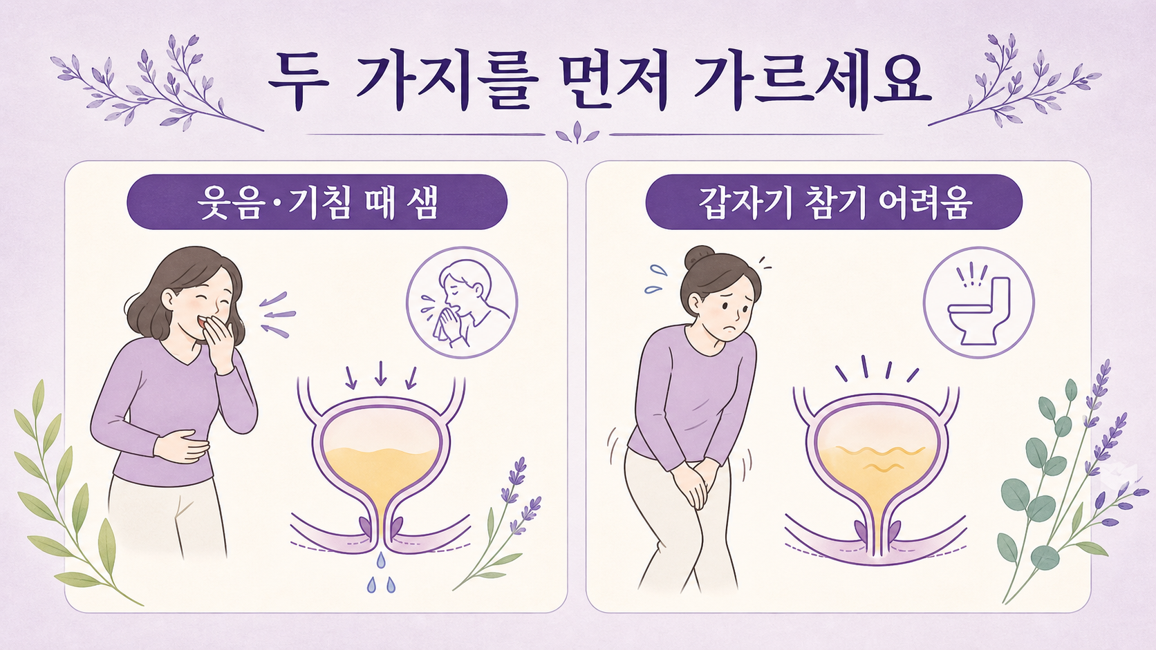 웃음이나 기침 때 새는 경우와 갑자기 참기 어려운 경우를 나누어 보는 보라톤 비교 이미지