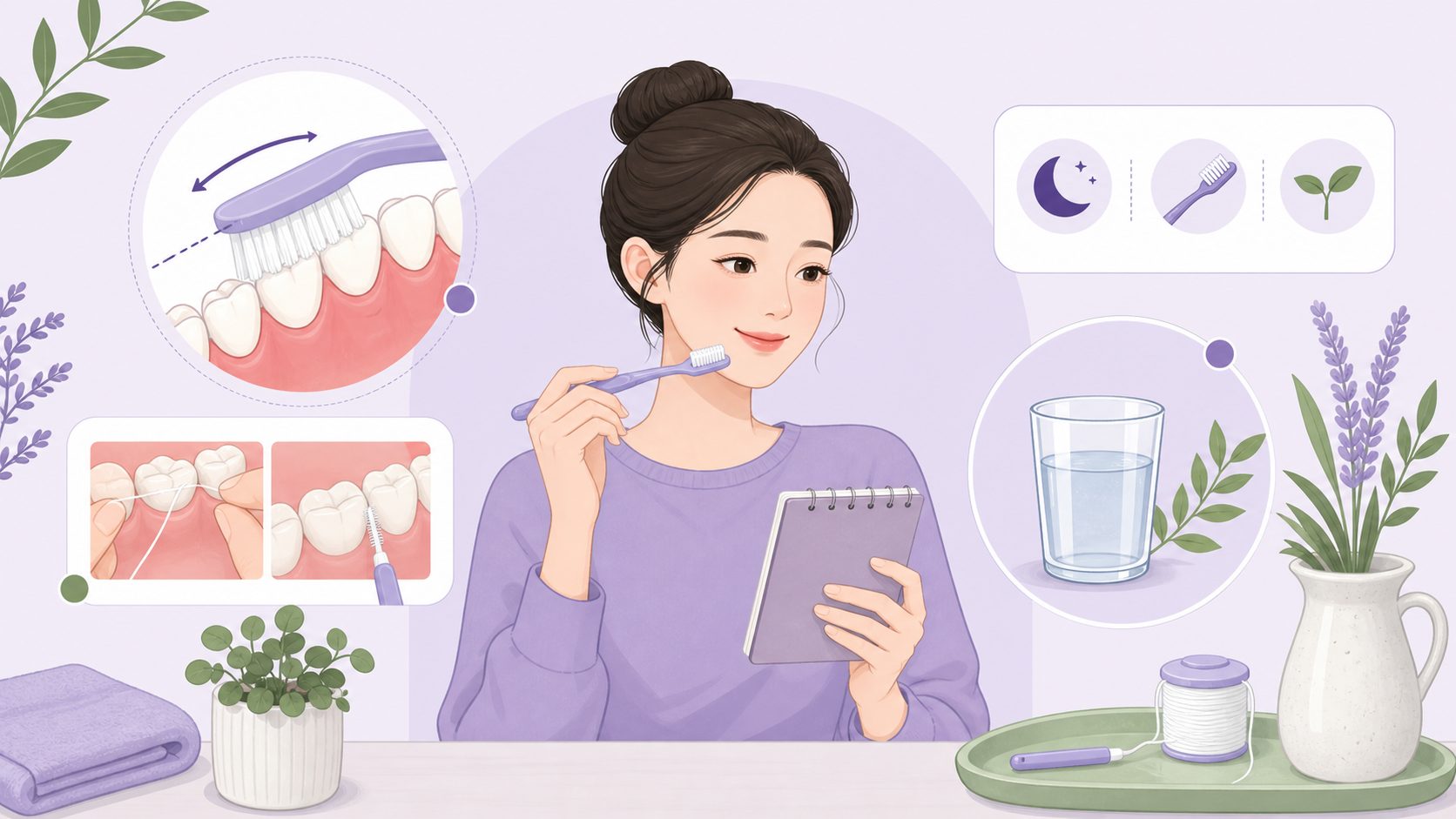 강한 가글 대신 부드러운 칫솔질, 치아 사이 청소, 기록을 보여주는 차분한 보라색 이미지