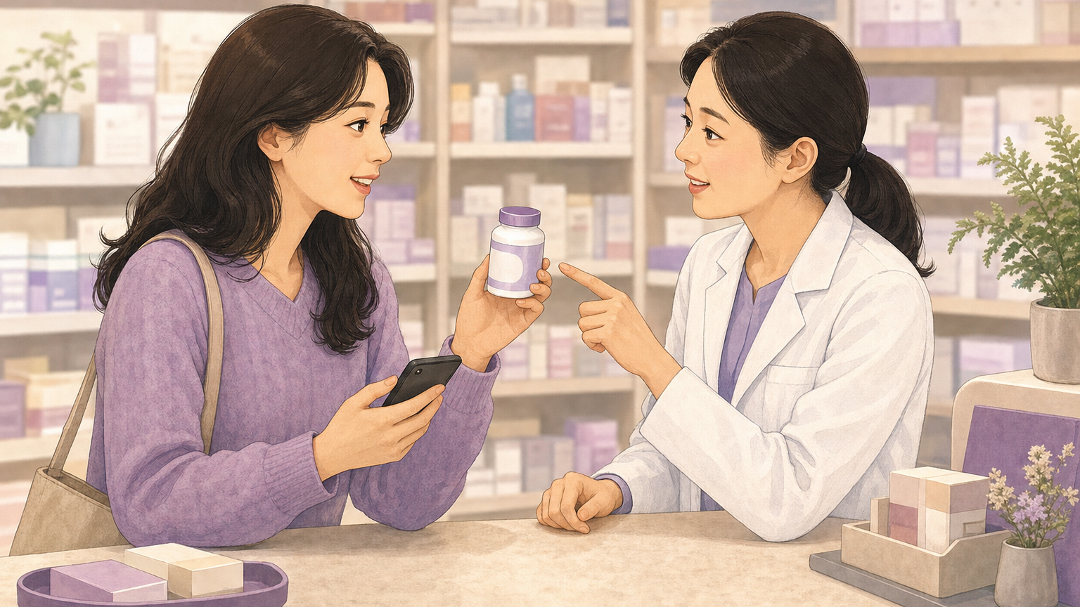 약국 카운터에서 약사에게 영양제 라벨을 보여주며 상담하는 모습