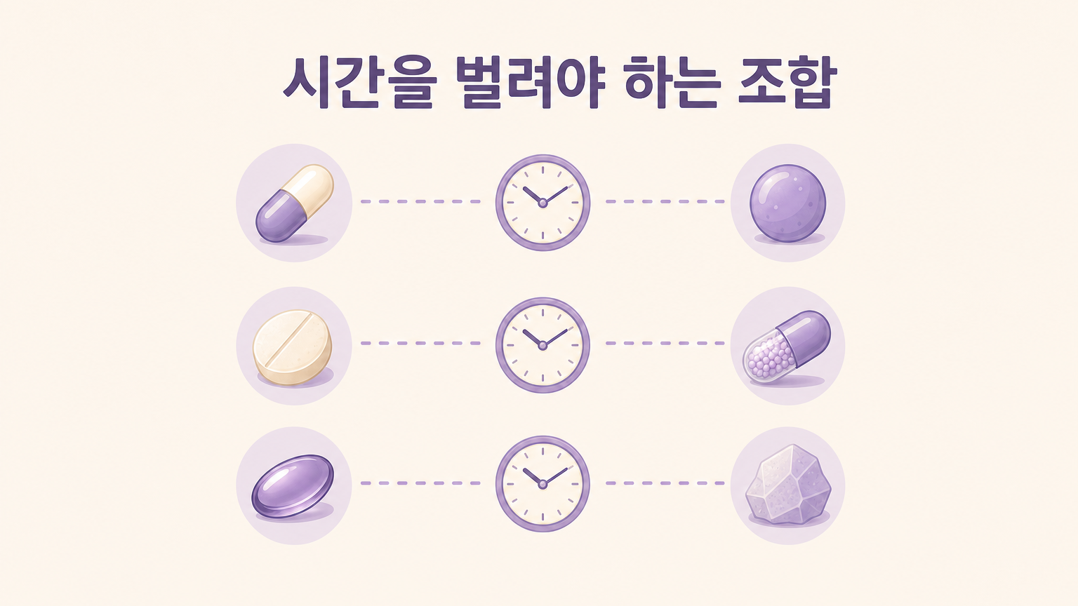 시간을 벌려야 하는 영양제 조합을 보여주는 개념 도식