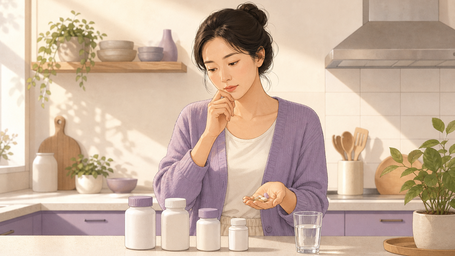 아침 주방에서 여러 영양제 병을 앞에 두고 잠시 망설이는 여성의 모습