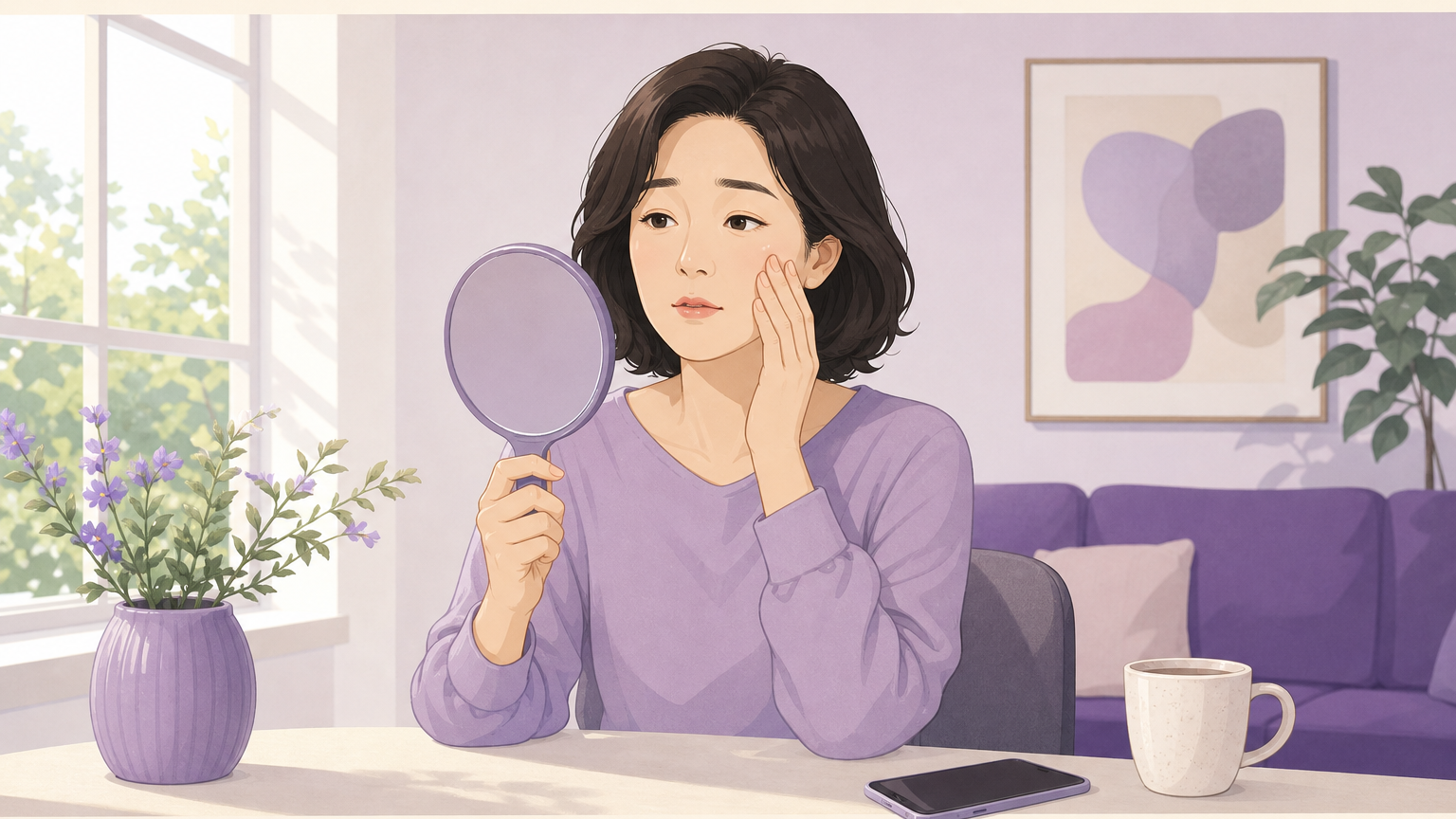 여름이 지난 뒤 거울을 들고 자기 얼굴의 갈색 자국을 확인하는 30대 후반 여성