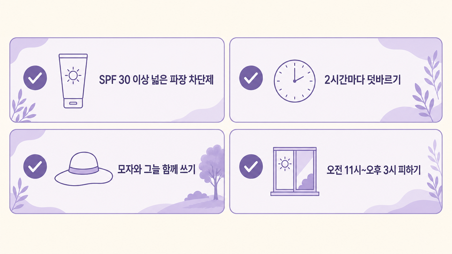 SPF 30 이상 차단제, 2시간마다 덧바르기, 모자와 그늘, 오전 11시~오후 3시 피하기 체크리스트