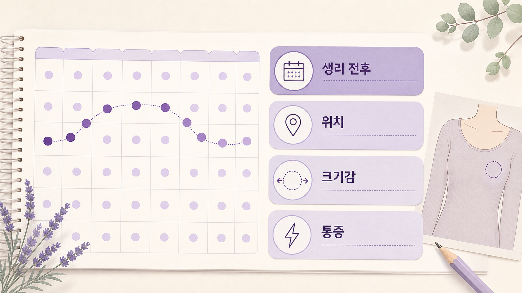 생리 전후 유방 멍울 기록에서 날짜, 위치, 크기감, 통증을 적는 이미지