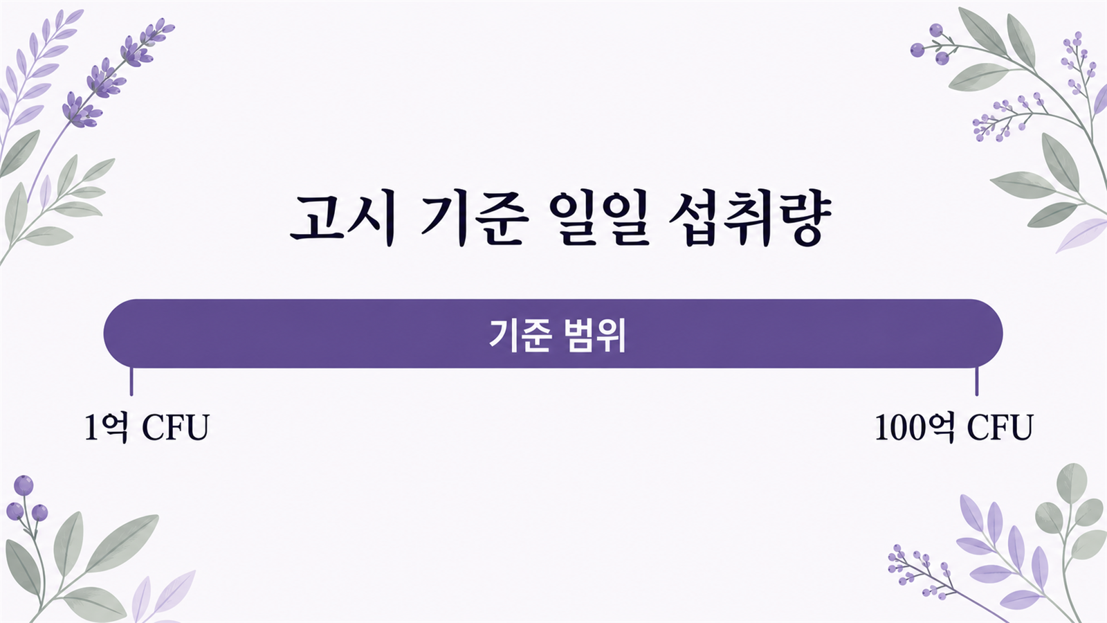 일일 섭취량 기준 범위를 1억 CFU에서 100억 CFU까지 가로 막대로 표시한 도식