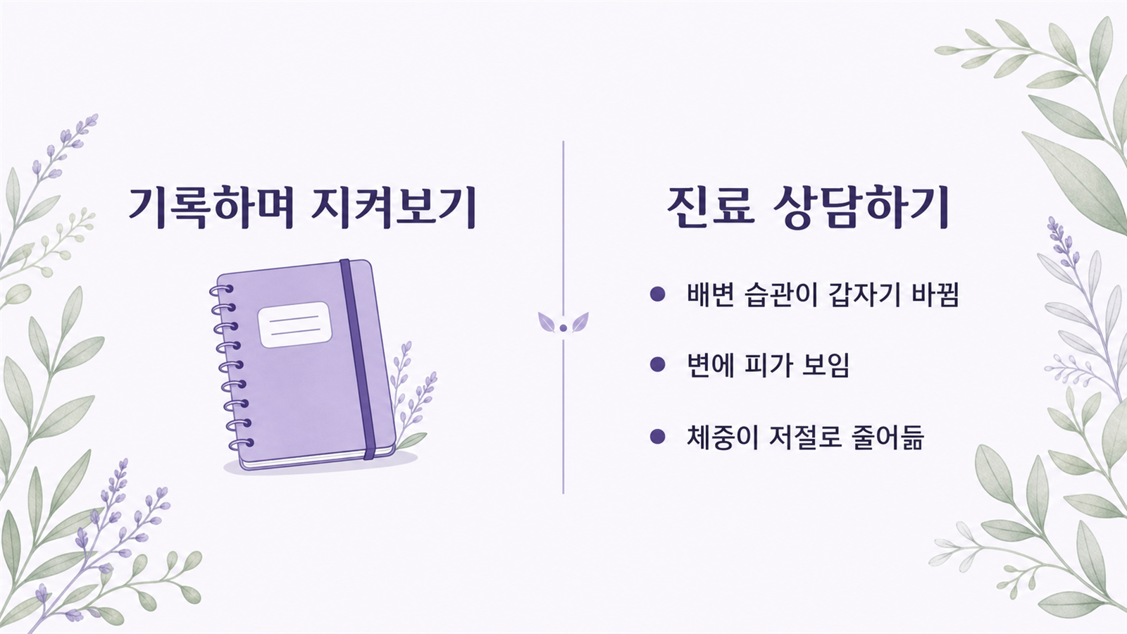 기록하며 지켜볼 상황과 진료 상담이 필요한 세 가지 변화를 좌우로 나눈 기준 도식