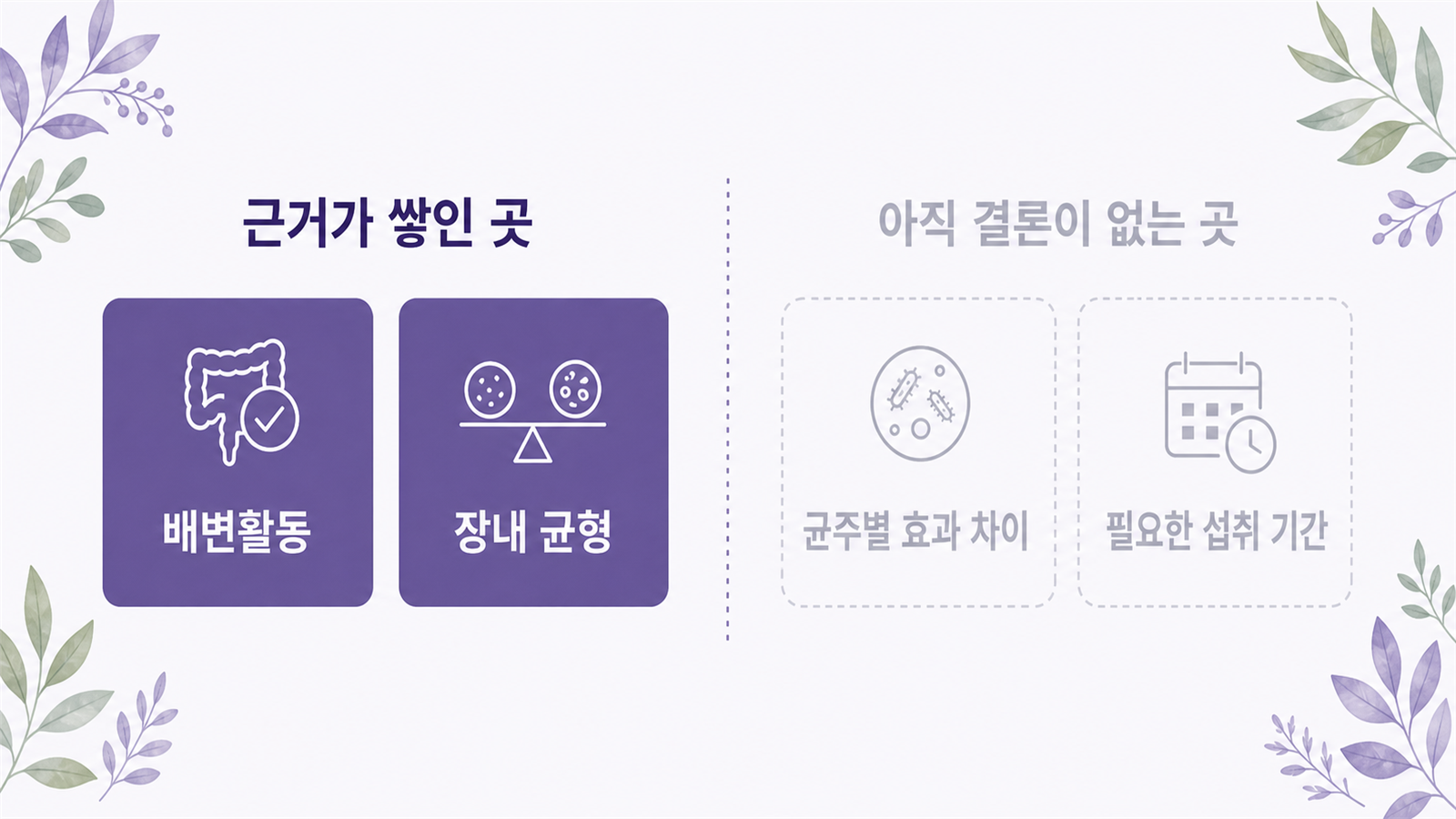 근거가 쌓인 영역과 아직 결론이 없는 영역을 좌우로 나눠 정리한 개념 도식