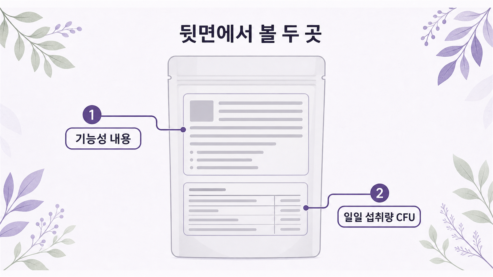 불특정 건강기능식품 파우치 뒷면 그림에서 기능성 내용과 일일 섭취량 CFU 두 지점을 화살표로 표시한 일러스트