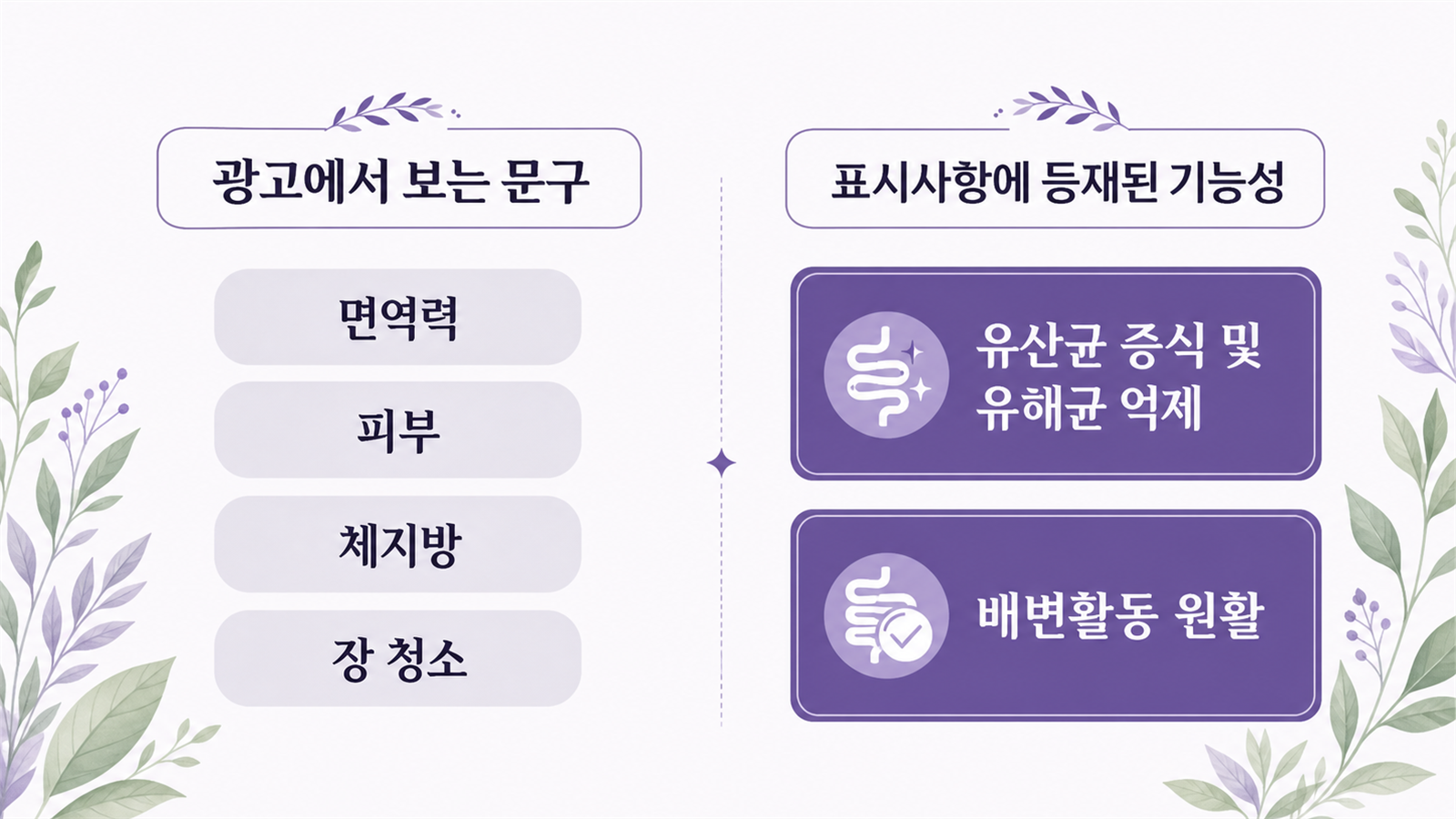광고에서 흔히 보는 문구 네 가지와 표시사항에 실제 등재된 기능성 두 문장을 좌우로 비교한 도식