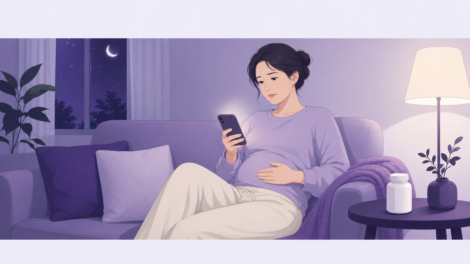유산균을 먹은 뒤 배가 불편해 밤에 검색하는 여성